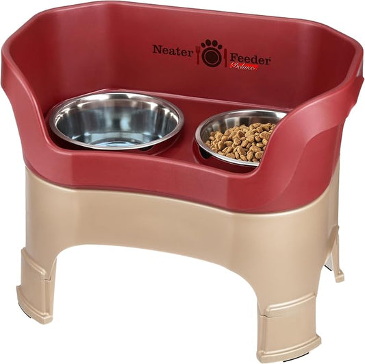 Neater Feeder Deluxe Mess-Proof Elevated Dog Bowls for Large Dogs (40+ lbs), 2 Height Adjustable (14.5” & 17.5”) No-Spill Raised Dog Bowl Stand, Stainless Steel Food Bowl Set, Made in USA, Cranberry