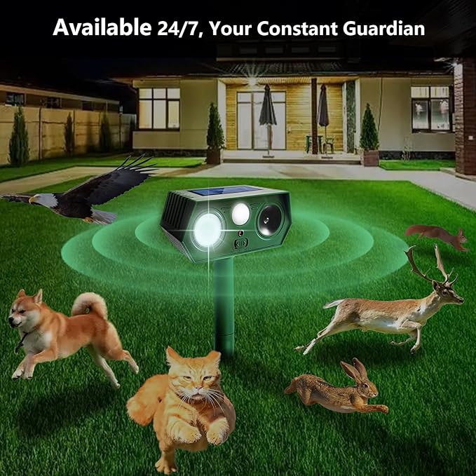 2 Pack 2025 Solar Ultrasonic Animal Repellent Outdoor, Cat Deterrent Deer Repeller with Motion Detection Flash Light for Dog Cat Deer Bird Rabbit Skunk Raccoon Coyote Woodpecker Squirrel, Safe for Pet