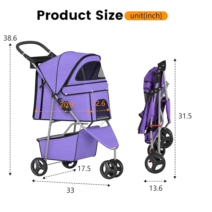 BestPet | 3-Wheel Pet Stroller | Purple | Foldable Dog and Cat Stroller | Breathable Mesh | Lightweight, Waterproof Travel Carrier with Cup Holder & Storage Basket | for Daily Walks & Outdoor Use