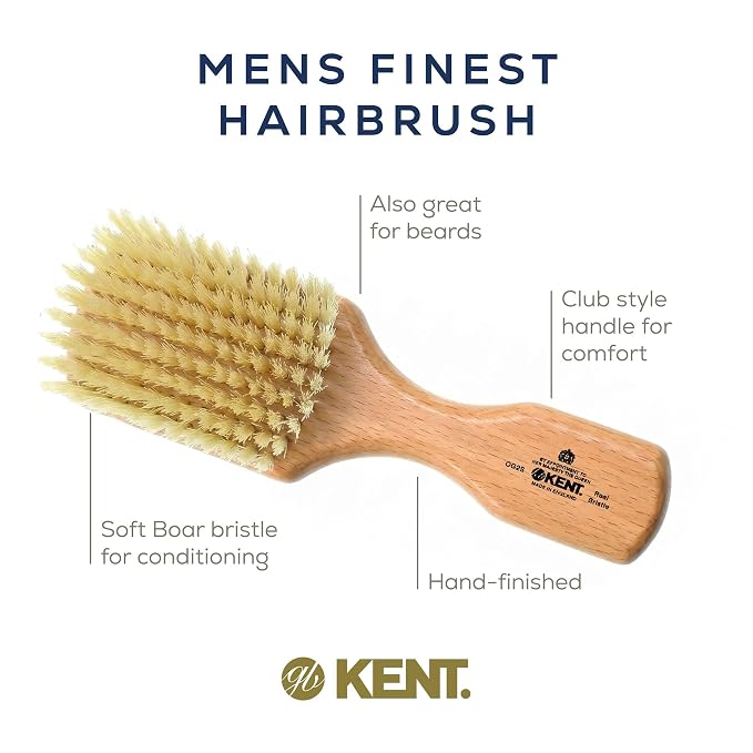 Kent OG2S Beechwood Soft Bristle Hair & Facial Brush - Exfoliating Soft White Natural Boar Bristle Brush for Men's Grooming, Hair Care & Beard Straightener
