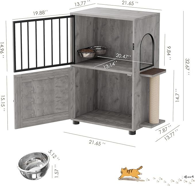 Dog Proof Cat Feeding Station, Dog Proof Cat Feeder, Cat Food Table, Gray | Cat Feeding Station with Scratching Post, Elevated Cat Food Bowls with Stand, Pet Food Storage Cabinet, Cat House