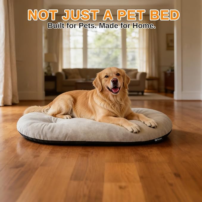 Washable Oval Dog Bed forX-Large Dogs,Silver-Tipped High-Resilience,Beige | Non-Slip Bottom Prevents Sliding, Soft Plush Short Fur, Machine Washable, Ideal for Crates/Apartments/Cozy Nooks,41"x27"x3.6"