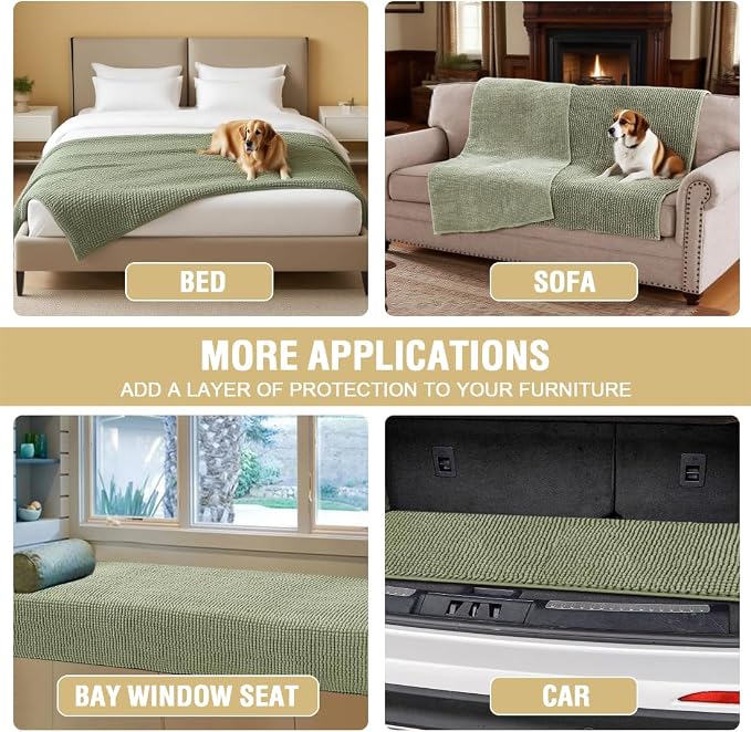 H.VERSAILTEX Plush Chenille Couch Cover for Dogs Pets Blanket for Bed Anti-Slip Soft and Durable Furniture Protector for Small Medium Large Cats Washable (52" x 82", Sage)