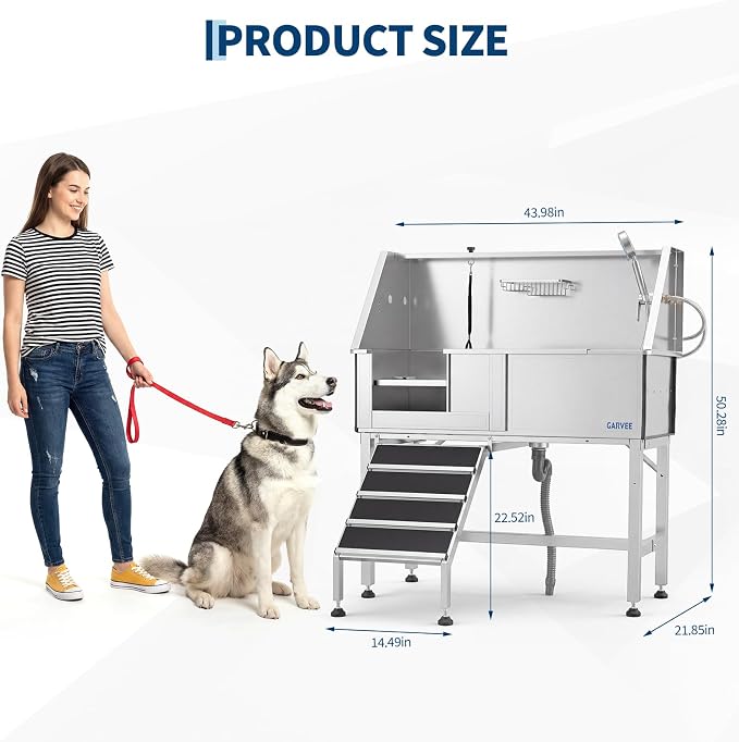 Garvee 46 Inch Stainless Steel Dog Washing Station with Walk-in Ramp, Heavy Duty Pet Grooming Bathtub, Brushed Finish, Left Door Options