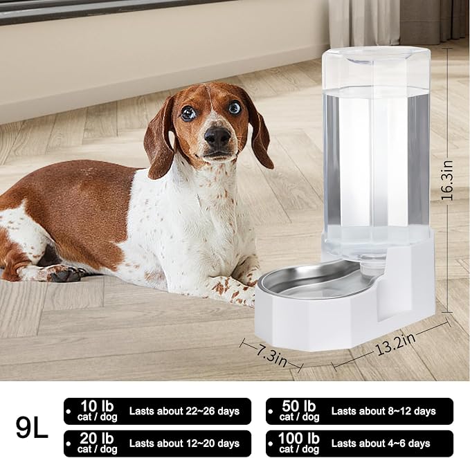 Sfozstra 9L Large Dog Water Dispenser: Gravity Design for Multiple Pets | Spill Resistant/No Filter Maintenance/Stainless Steel Bowl/Easy to Clean/Indoor & Outdoor Use