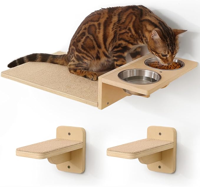 FUKUMARU Cat Wall Shelves, Food Station with 2 Steps | 3 in 1 Cats Walls Furniture Set, Birch Plywood Perch, Suitable for Kitten Play, Nap, Eat, DIY Wall Jungle Gym