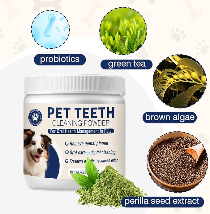 Dental Powder for Dogs Teeth Fresh Breath and Teeth Cleaning Contains Natural Ingredients and Probiotics Dental Powder Dog Tartar and Plaque Removes Tooth Cleaner for Dogs 120g (60-Day Supply)