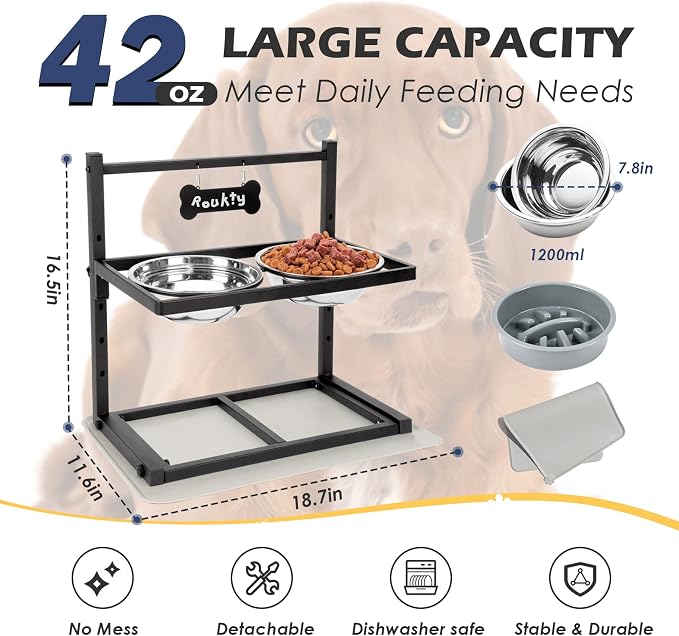 ADENGL Elevated Dog Bowls with Slow Feeder, 5 Adjustable Heights, Anti-Slip, Durable Metal Frame, Spill Proof Mat, Rust-Resistant Bowls, Easy to Clean