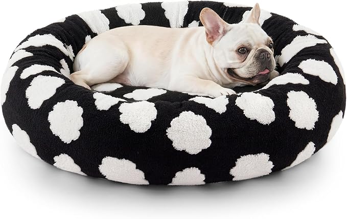 JOEJOY Jacquard Donut Round Small Dog Beds,Black 23x23x7in, Removable Washable Cover, Cute Pattern, Ultra Soft Fluffy Calming Pet Bed with Thick Supportive Bolster