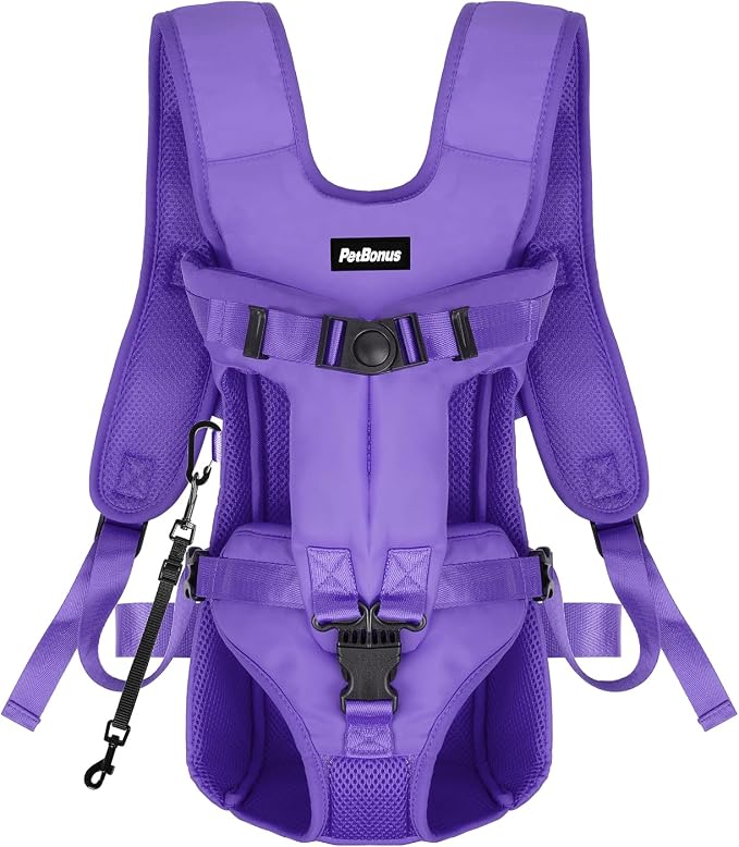 PetBonus Dog Front Carrier Backpacks, Legs Out Easy-fit Puppy Chest Carrier | Hands Free, Adjustable, Safety Strap, Walking Hiking Cycling Motorcycle bag, For Small Medium Dogs (Purple, S)