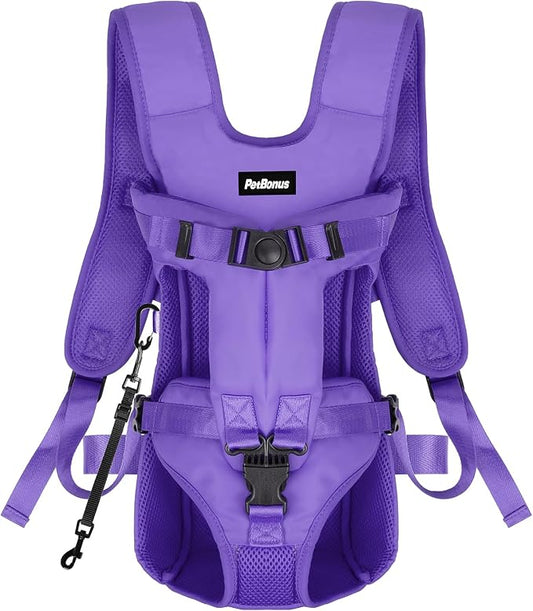 PetBonus Dog Front Carrier Backpacks, Legs Out Easy-fit Puppy Chest Carrier | Hands Free, Adjustable, Safety Strap, Walking Hiking Cycling Motorcycle bag, For Small Medium Dogs (Purple, M)
