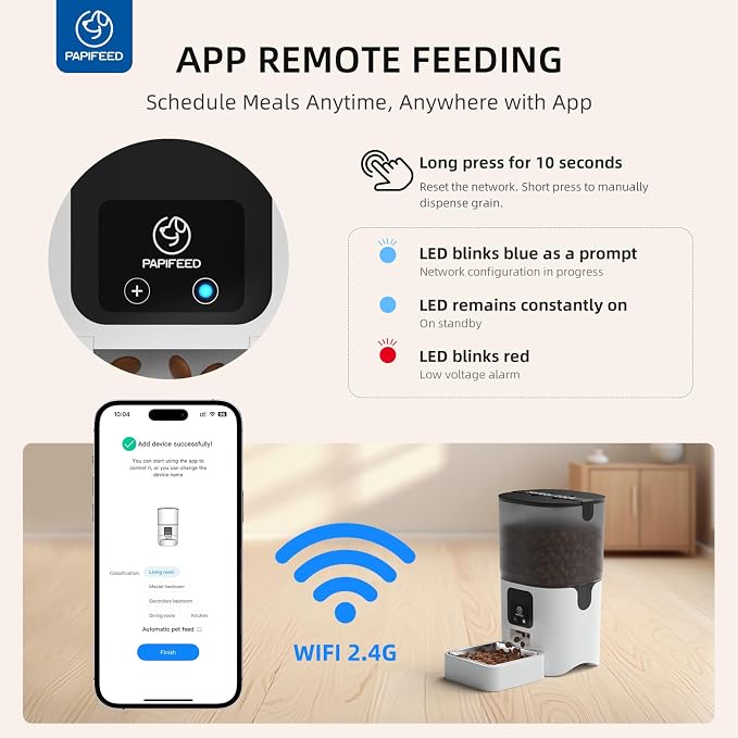 PAPIFEED Automatic Cat Feeder with App, 2.4G WiFi Cat Food Dispenser, 6L Timed Cat Feeder for Dry Food, 10 Meals/Day, 12 Portions/Meal, Dual Power Supply Smart Pet Feeder for Dog, White