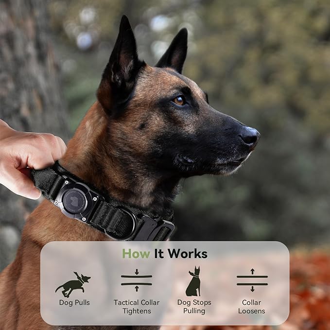 2026 Upgrade Waterproof AirTag Dog Collar, Military Tactical Dog Collar with AirTag Holder, Comfortable Control Handle and Metal Buckle, GPS Dog Collar Holder for Medium to Large Dogs (Black, M)