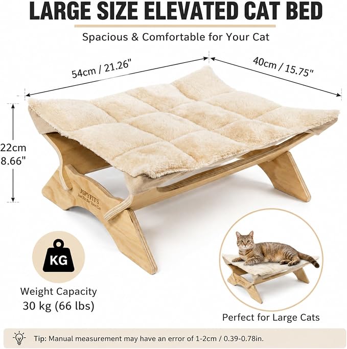 JSPYFITS Elevated Cat Bed Hammock, Raised Cat Bed with Dual-Sided Plush & Linen Cushion, Machine Washable & Breathable Cover Tool Free Easy Assembly, up to 66Lbs (Beige)