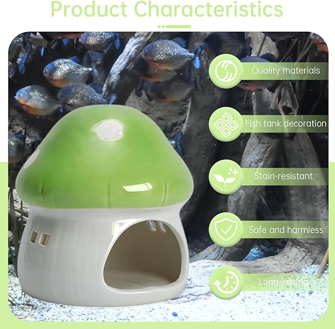 AnRui Ceramic Mushroom Aquarium Decor Cute Mini House Betta Fish Tank Accessories Decoration Hideaway Hideout Cave Ornament for Small Fish, Shrimp, Goldfish and Reptiles (Green, Large)
