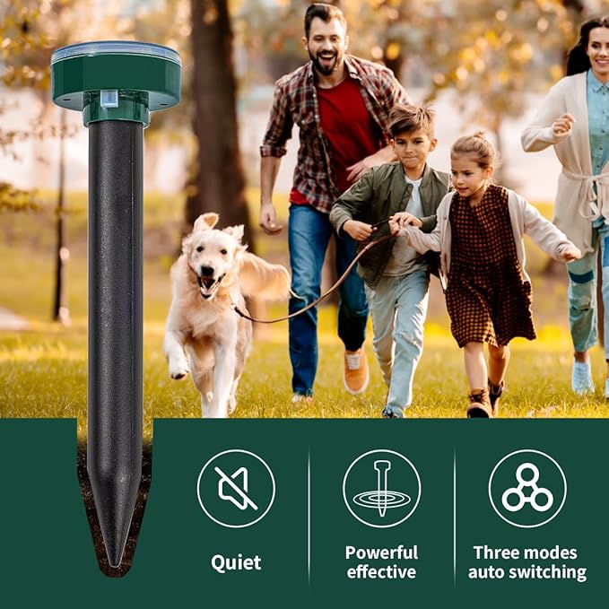 8PK New Green Mole Repellent for lawns Gopher Repellent Ultrasonic Solar Powered Snake Repellent Deterrent Mole Repeller Vole Repellent Outdoor Lawns Garden Yard All Pests Sonic Spikes Stakes Chaser