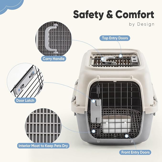 DUMOS 23" Hard-Sided Pet Carrier for Small Dogs & Cats, Airline Approved Travel Crate with Enhanced Security Latches, Front & Top Load Wire Door, Food Bowl for Traveling, Hiking, Camping - Beige&Grey