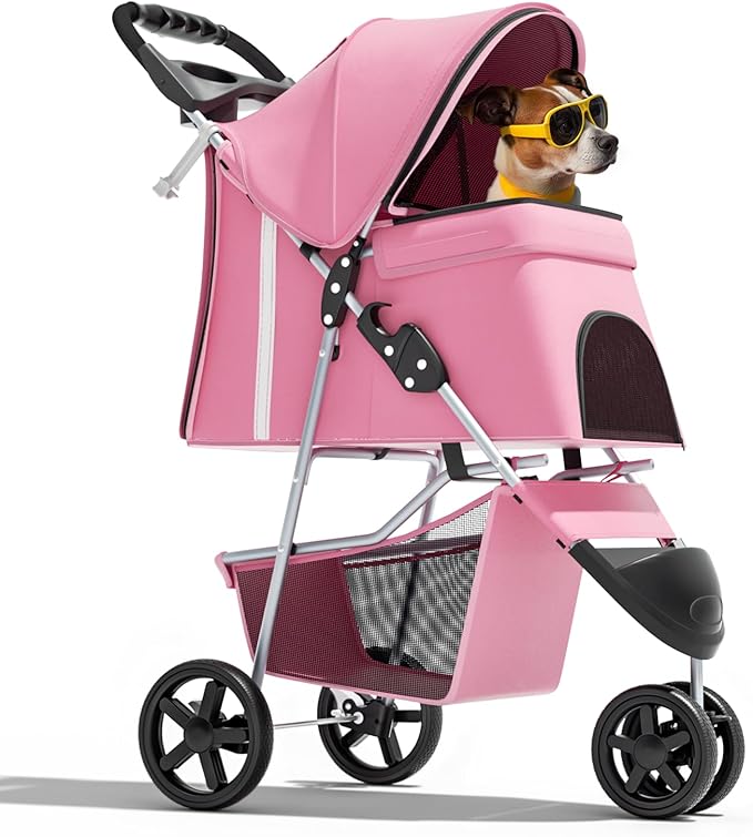 Magshion 3-Wheel Pet Stroller for Small/Medium Dog Cat, Up to 33lbs, Pink | Foldable Travel Jogger w/ Breathable Mesh Cover, Lightweight Design, Safety Tethers, Cup Holder & Storage Basket