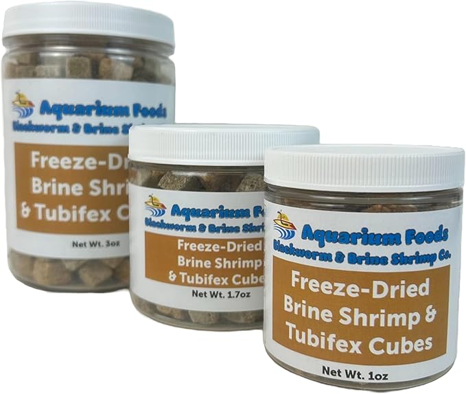 Aquatic Foods Inc. Brine Shrimp & Tubifex Worms - Freeze-Dried Brine Shrimp & Tubifex Cubes for Discus, Cichlids, Koi, Pond Fish, Aquatic Turtles, All Tropical Fish, Marine Fish..1.7oz Med Round Jar