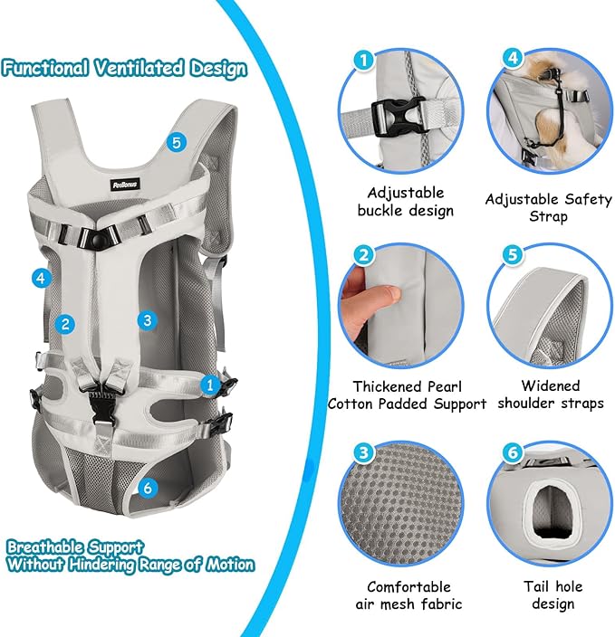 PetBonus Dog Front Carrier Backpacks, Legs Out Easy-fit Puppy Chest Carrier | Hands Free, Adjustable, Safety Strap, Walking Hiking Cycling Motorcycle bag, For Small Medium Dogs (Grey, L)