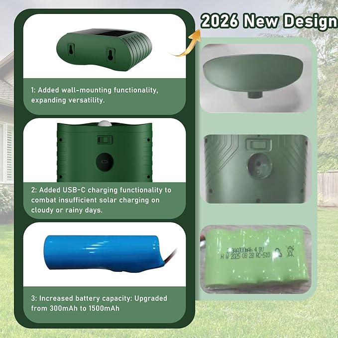 4PCS 2026 Upgraded Ultrasonic Solar Animal Repellent Outdoor,USB-C Charging and Wall-Mounting Capability with Motion Activated,for Deer Cat Squirrel Raccoon Rabbit Dog Garden Yard