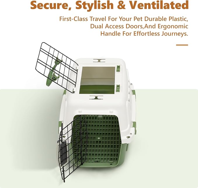 Athena Collection 18" Hard-Sided Travel Pet Carrier for Small Dogs and Cats | Plastic Dog Carriers with 2-Door Top & Front Load, Ventilation, Security Lock, Cat Dog Carrier for Pet, up to 10lbs, Green