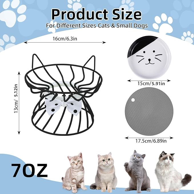 Elevated Cat Food Dish, Ceramic, Non-Slip Stand, Raised Feeding Station, 5 in, Shallow for Whiskers, Dishwasher Safe | Easy-clean Wide shallow dish for whisker comfort Non-slip