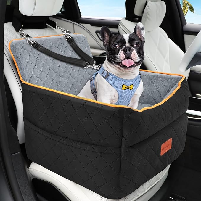 HEGGCOOE Small Dog Car Seat, Memory Foam Dog Booster Seats with Thick Cushion for Medium Dogs Under 35lbs, Detachable Washable Pet Car Seat Bed with Storage Pockets,2 Safety Belts