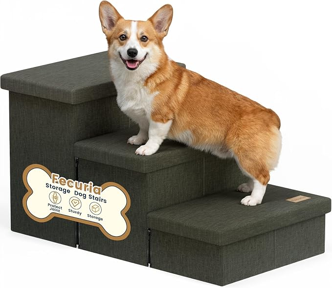 3-Step Wide Dog Stairs with Hidden Storage 18" H, Non-Slip Dog Steps for High Bed Couch Window Car, Jiont-Friendly Pet Stairs Ramp for Small/Medium/Large Old Dogs Cats Up to 200lbs, Grey Green