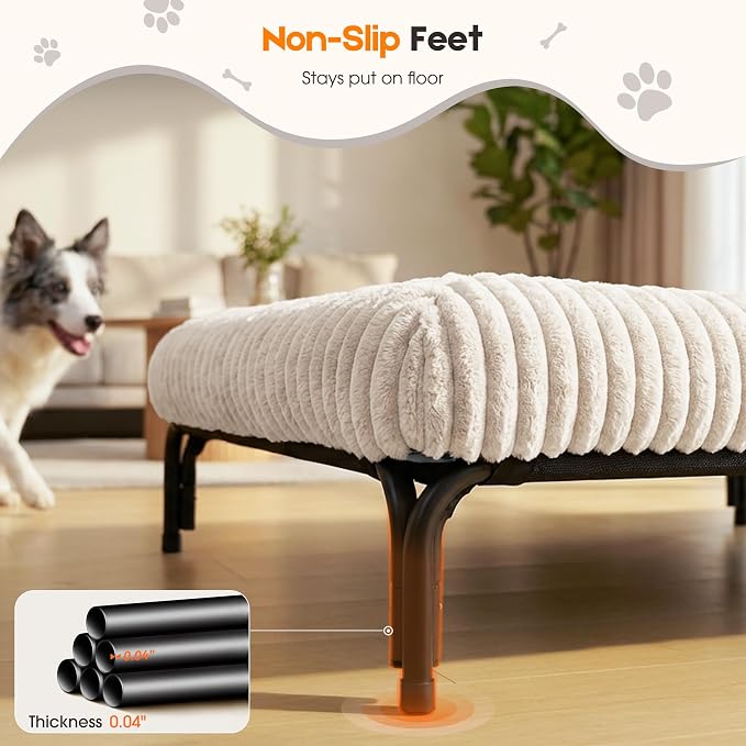 Elevated Dog Bed with Removable Fluffy Pillow Cushion, Raised Pet Cot Washable Bolster, Dog Couch Sofa, Anti Slip Feet, Breathable Mesh, Cream, 49"×36"