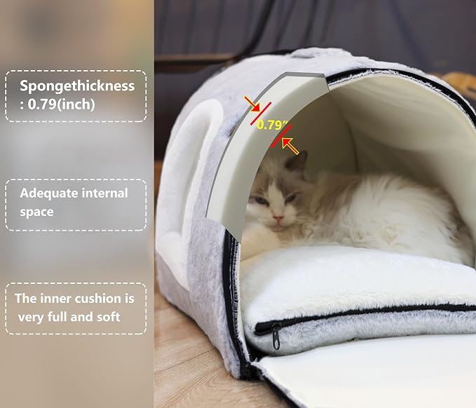 cat Bed cave-cat beds for Indoor Cats,Soft and Comfortable Cute Pet Bed，cat House,with Removable Washable Cushioned Pillow,Enclosed cat Bed,Kitty pet hut、Hideaway,Small Large Dog Tent (Grey)