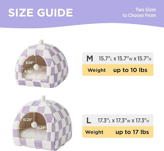 Lesure 2in1 Cute Cat House for Kitten with Washable Cushioned Pillow,17.3in | Cat Beds for Indoor Cats,Small Pet Cave Tent,Cozy Enclosed Foldable Hideaway,Fluffy Ball,Anti Slip Bottom,Hand Strap,Purple