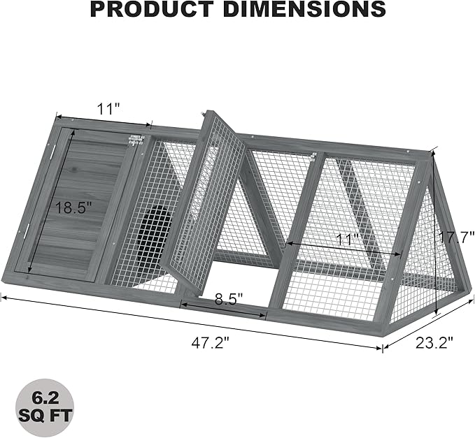 Small Chicken Coop, Rabbit Hutch Outdoor, Wooden Triangle Rabbit Cage with 2 Door & Poultry Run, Portable Bunny Hutch for Chicken, Rabbit, Guinea Pigs, Hedgehog, Small Animals (Modern Grey)