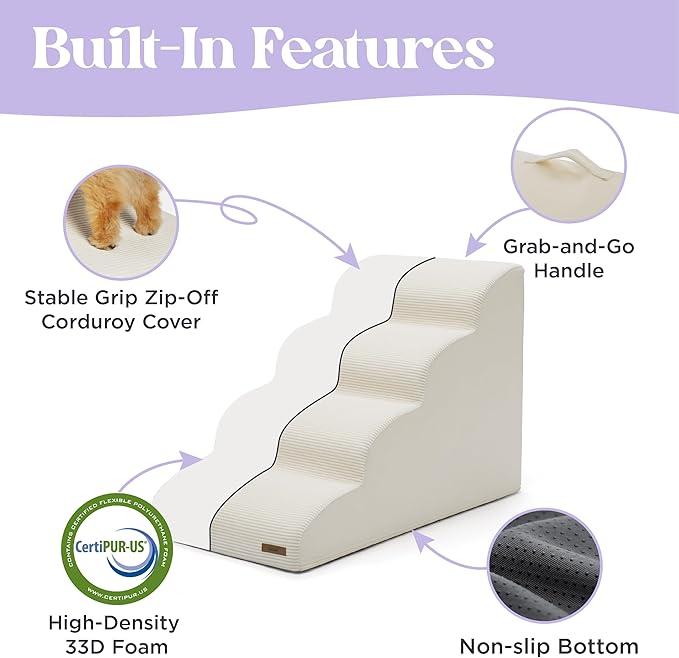Lesure Dog Pet Stairs for High Bed, Beige, 5 Steps | Pet Steps Ramp for Small Dogs, 33D CertiPUR-US Certified Foam, Indoor and Car Use, Non-Slip Bottom, Removable Cover