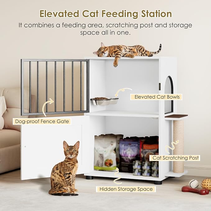 Dog Proof Cat Feeding Station, Dog Proof Cat Feeder, Cat Food Table, White | Cat Feeding Station with Scratching Post, Elevated Food Bowls with Stand, Cat Tree with Food Storage, Cat House