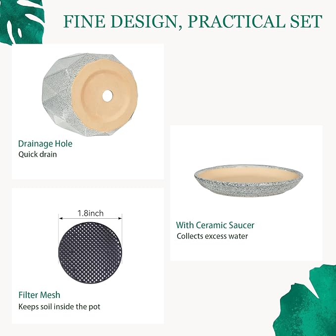 7.8 Inch Ceramic Plant Pot with Drainage Hole Mesh Net, Large Flower Pots for Indoor Plants with Saucer, Gardening Pots Outdoor(Gray-dot)