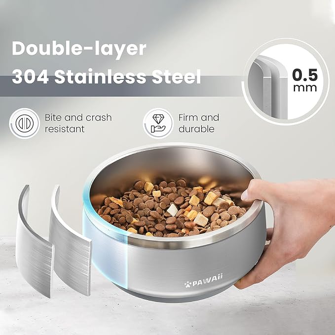 Pawaii Dog Bowl,68 oz Stainless Steel Food and Water Bowl,ID Tag,1 Pack | Double-Wall Design,Non-Slip Rubber Base,Dishwasher Safe,Smooth Open Design, Not a Slow Feeder,Easy-Rinse Interior