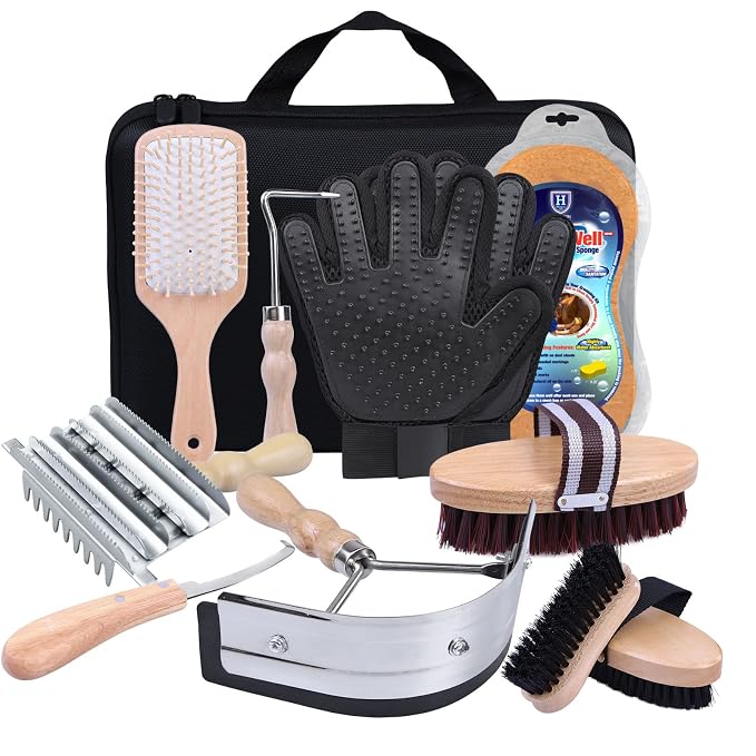Harrison Howard Horse Grooming Kit 10-Piece Wooden Brush Set with Storage Case Tack Room Supplies Shedding Grooming Massaging Tools