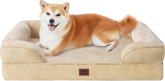 EHEYCIGA Orthopedic Dog Beds Large Sized Dog, Waterproof Washable Pet Bed | Non-Slip Bottom and Egg-Crate Memory Foam XL Dog Couch Bed with Washable Removable Cover, Greige