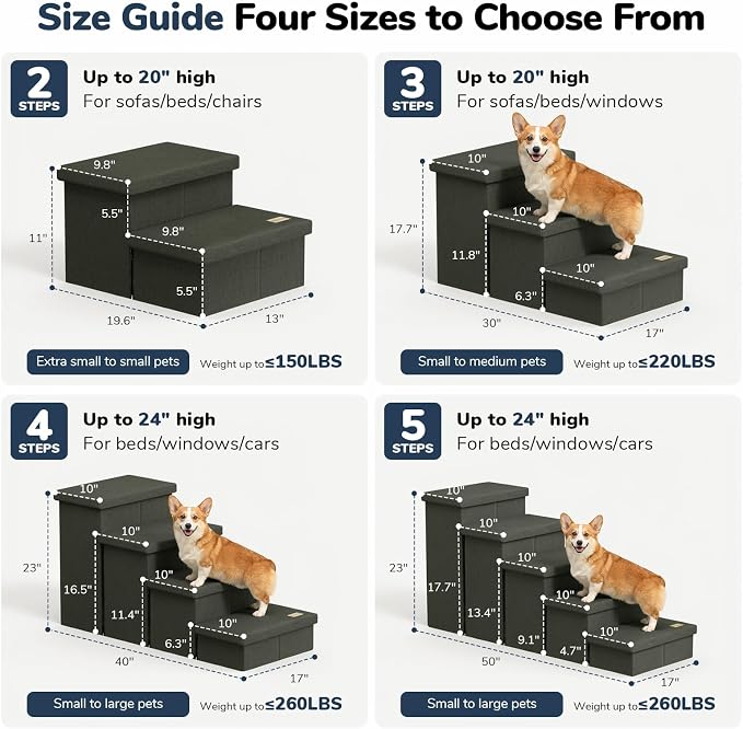 3-Step Wide Dog Stairs with Hidden Storage 18" H, Non-Slip Dog Steps for High Bed Couch Window Car, Jiont-Friendly Pet Stairs Ramp for Small/Medium/Large Old Dogs Cats Up to 200lbs, Grey Green