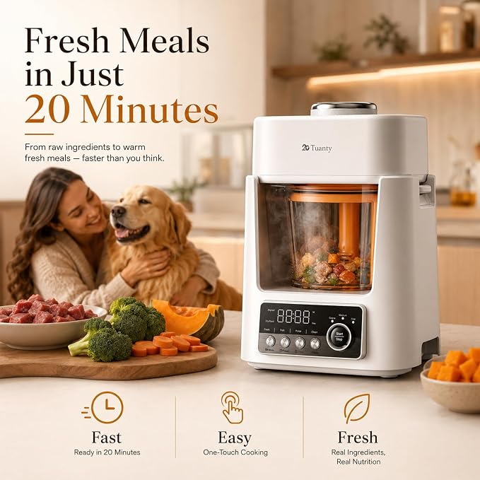 Pet Food Maker, Multifunctional Automatic Pet Fresh Food Maker All-in-One Cooker, 20 Min Steaming, Pre-Cut, Blended Natural Meal, 2L Removable Borosilicate Glass Bowl, Safe Easy to Clean