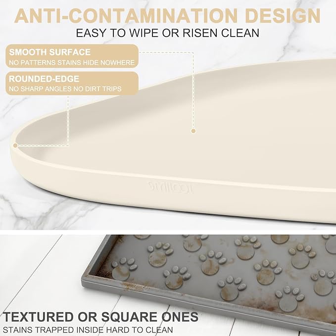 SMILOOL Waterproof Silicone Pet Food Mat with Raised Edge for Dog & Cat | 24" x 16" Non-Slip Pet Feeding Mats with Lip for Food & Water Bowl, Food Grade, Easy Cleaning, White Sand
