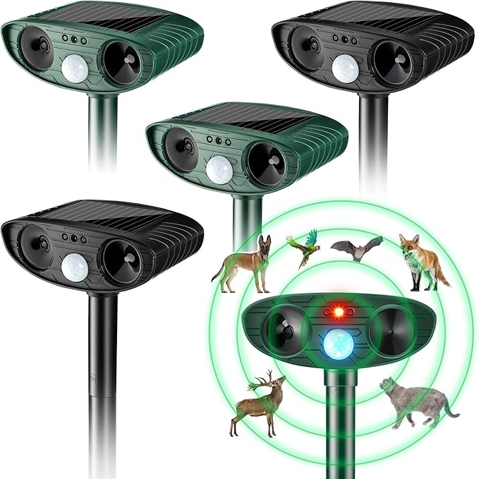 Ultrasonic Animal Repellent Outdoor Solar Powered Repeller Cat Dog Squirrels Deer Deterrent Waterproof Motion Sensor Deterrent for Yard Garden Rabbit Fox Pest (Black, Green,4 Pieces)
