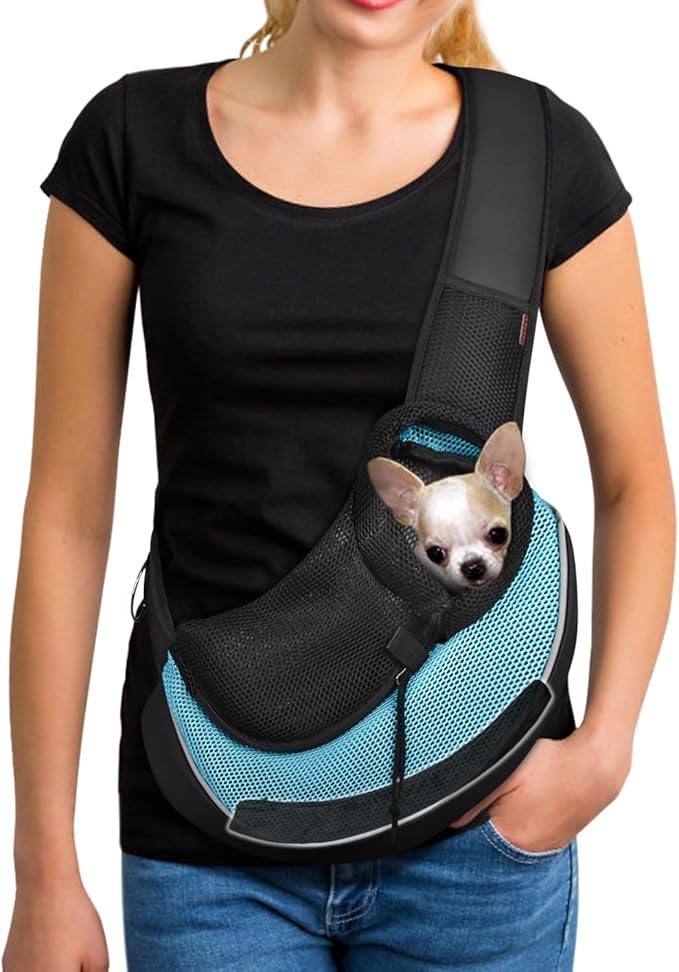 YUDODO Pet Sling Carrier for 2-5 lbs Small Dogs Cat Puppy Crossbody Carrier | Bottom support, Safety Hook, Large Zipper Pocket, Soft Breathable Mesh, Adjustable Strap, Reflective Strip, Cyan, S