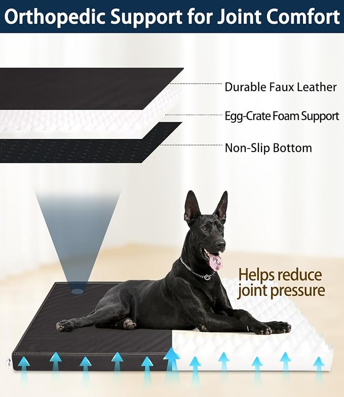 Waterproof Leather Dog Bed, Hair Resistant Crate Mat for Large Dogs, Wipeable Easy to Clean Pet Pad, Durable Black Mattress for Pets Up to 90 lbs