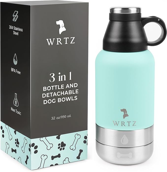 Portable Dog Water Bottle with 2 Removable Water Bowls for Dogs – Leak-Proof Insulated Stainless Steel Dog Water Bottle - Travel Accessories for Dogs - 32oz - Teal