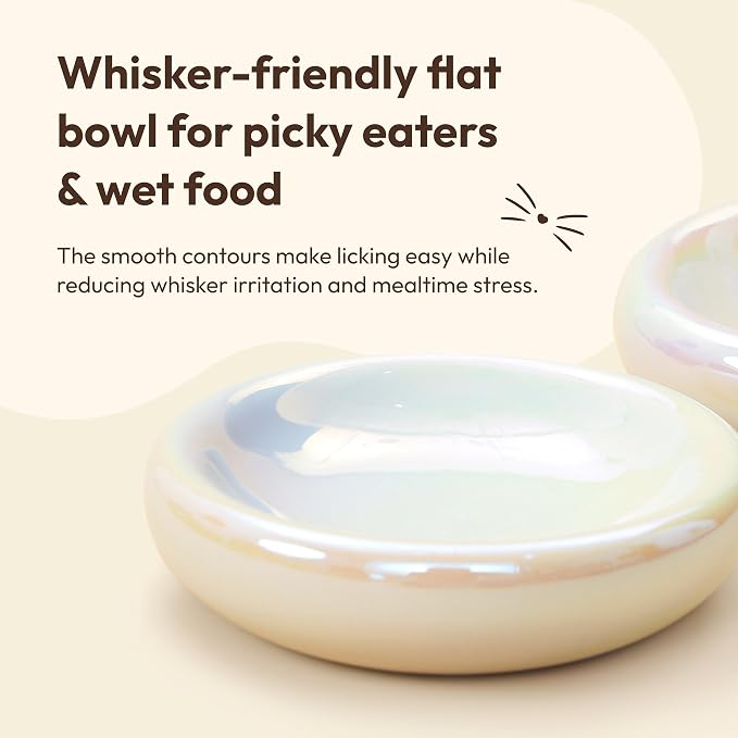 Pebble Pet Bowl Flat Pearl, Ergonomic Dog Cat Feeding Bowl, Flat-Faced Breed, Tilted Ceramic Pet Food Dish, Scooper Eater, Anti-Spill Design, Dishwasher Safe, Modern Pet Bowl, Dry & Wet Diet