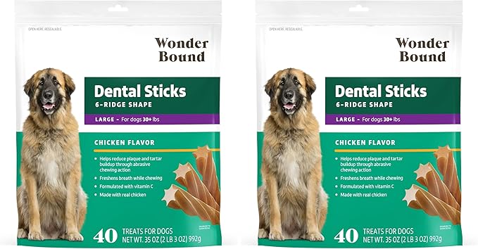 Wonder Bound Chicken Dental Sticks for Large Dogs | 40 Count Pack of 2 | Plaque & Tartar Control | 6-Ridge Shape