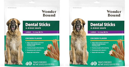 Wonder Bound Chicken Dental Sticks for Large Dogs | 40 Count Pack of 2 | Plaque & Tartar Control | 6-Ridge Shape