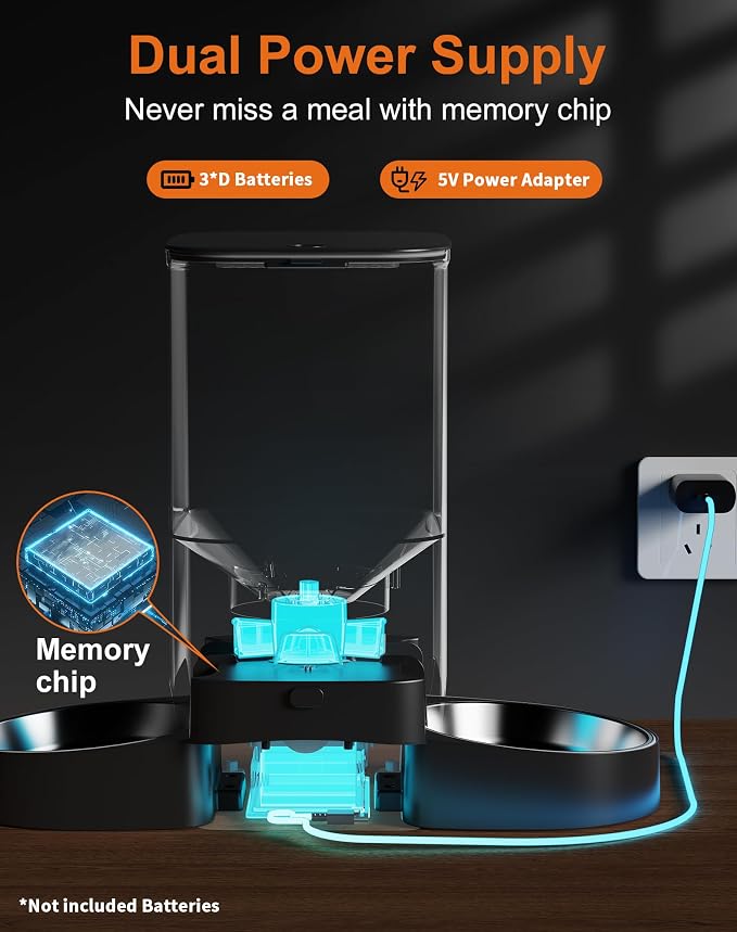 HoneyGuaridan 5L Automatic Cat Feeder for Two Cats, 2.4/5G WiFi Smart Feed Pet Feeder with Stainless Steel Bowl,APP Control Dispenser, Dual Power Supply,Desiccant Bag,10s Meal Call Black | Pet Feeder with Stainless Steel Bowl,APP Control Cat Food Dispe...